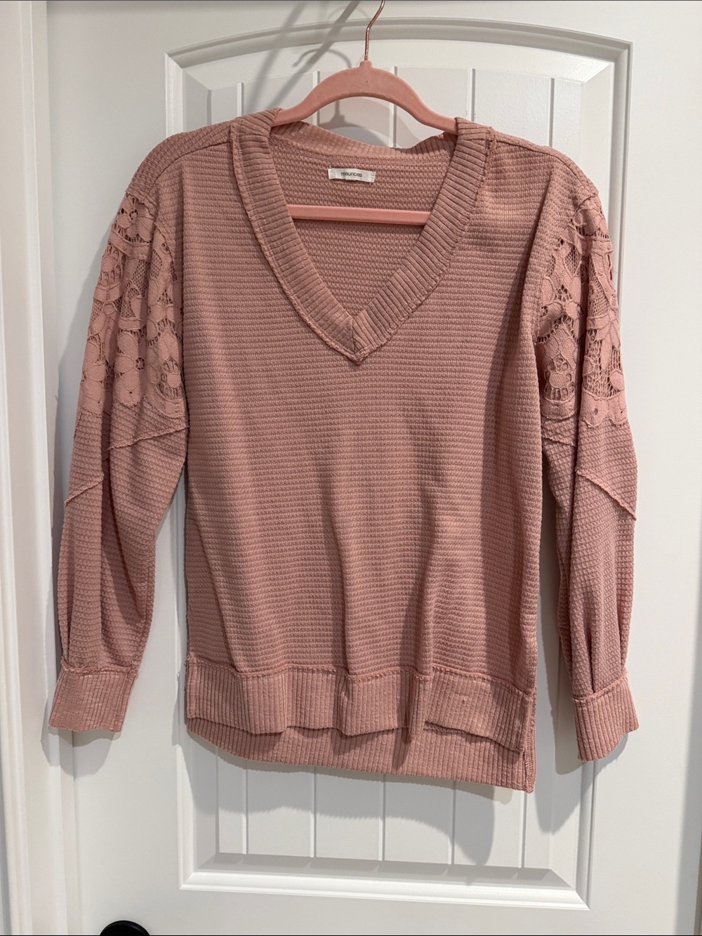 Maurices Blush Pink V-Neck Lace Sleeve Sweater